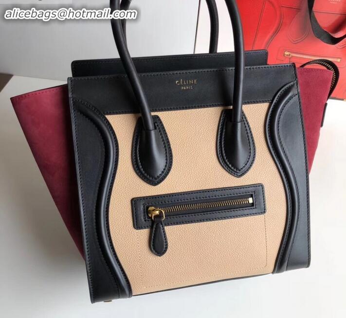 Best Product Celine Micro Luggage Bag in Original Black/Drummed Beige/Suede Dark Red C090904