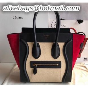 Good Product Celine Micro Luggage Bag in Original Black/Drummed Beige/Suede Red C090904