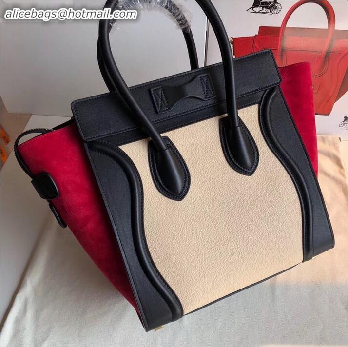 Good Product Celine Micro Luggage Bag in Original Black/Drummed Beige/Suede Red C090904