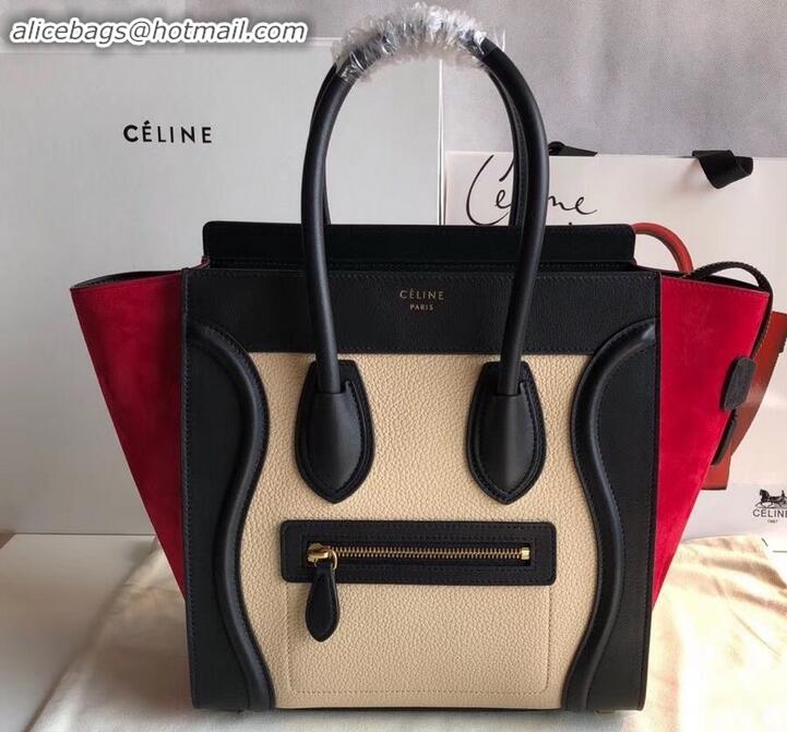 Good Product Celine Micro Luggage Bag in Original Black/Drummed Beige/Suede Red C090904