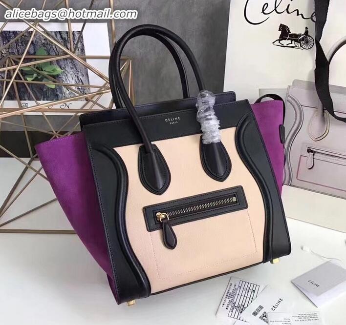 Perfect Celine Micro Luggage Bag in Original Black/Drummed Beige/Suede Purple C090904