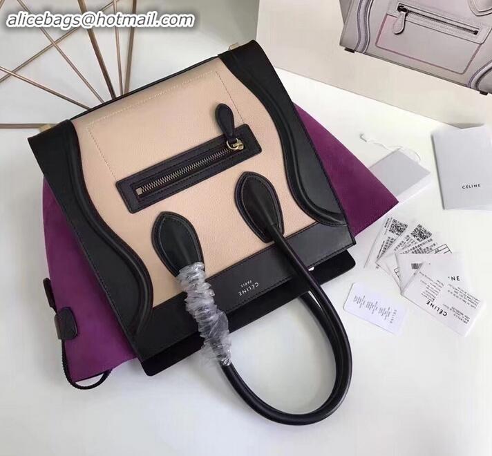 Perfect Celine Micro Luggage Bag in Original Black/Drummed Beige/Suede Purple C090904