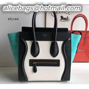 New Style Celine Micro Luggage Bag in Original Black/Drummed White/Suede Turquoise C090904