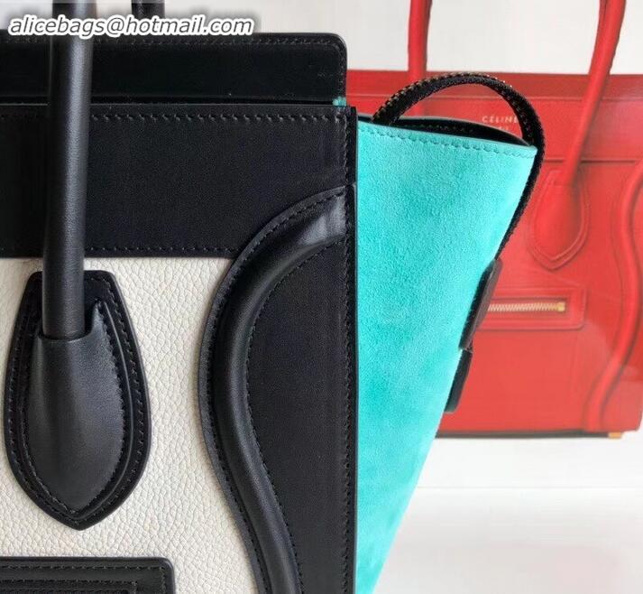 New Style Celine Micro Luggage Bag in Original Black/Drummed White/Suede Turquoise C090904