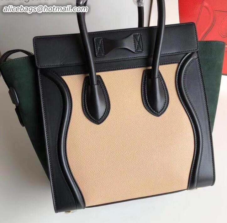 Discount Celine Micro Luggage Bag in Original Black/Drummed Beige/Suede Dark Green C090904