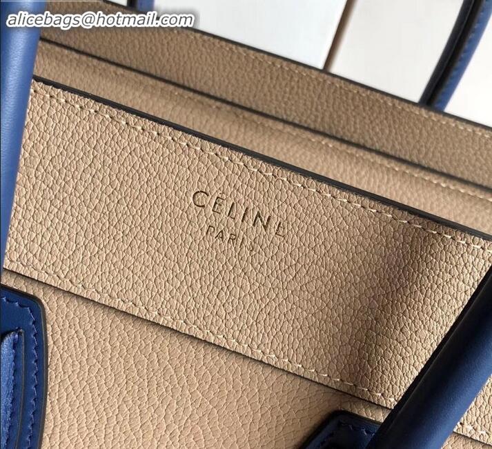 Luxury Classic Celine Micro Luggage Bag in Original Drummed Calfskin Beige/Blue C090904