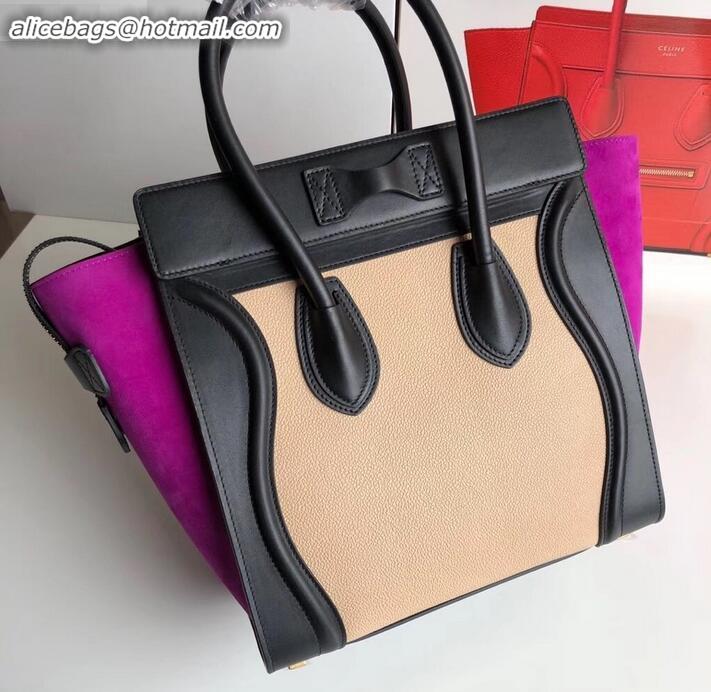 Discount Celine Micro Luggage Bag in Original Black/Drummed Beige/Suede Light Purple C090904