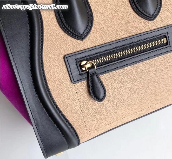 Discount Celine Micro Luggage Bag in Original Black/Drummed Beige/Suede Light Purple C090904