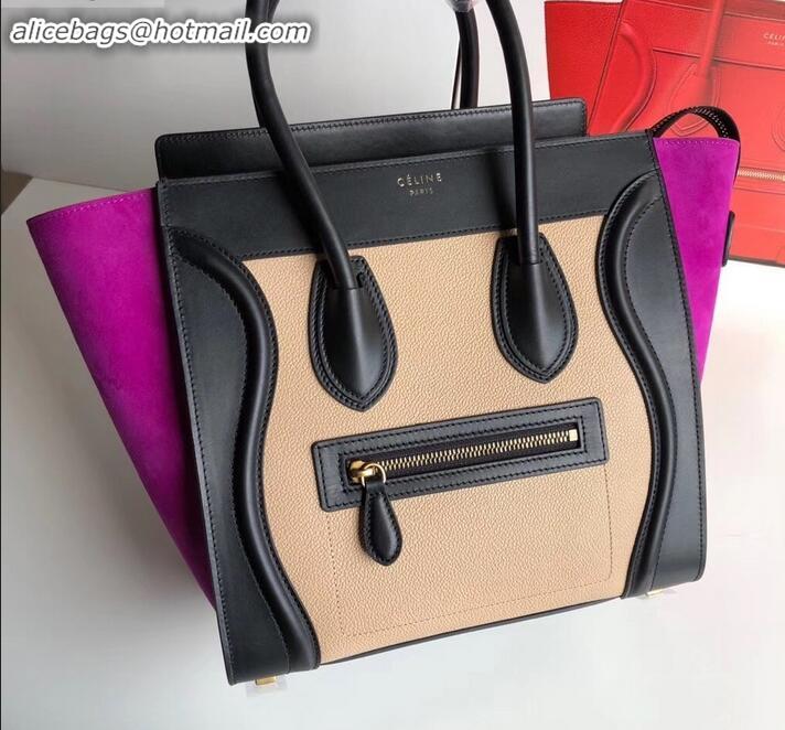 Discount Celine Micro Luggage Bag in Original Black/Drummed Beige/Suede Light Purple C090904