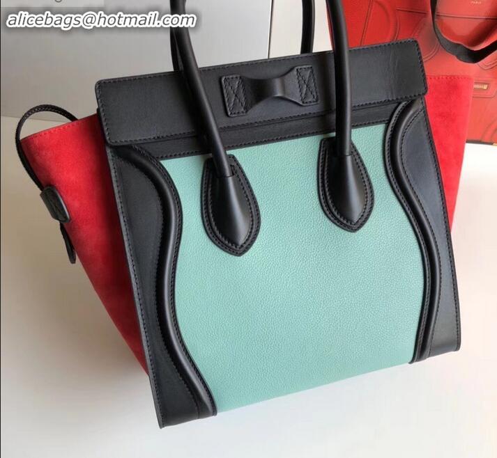 Reproduction Celine Micro Luggage Bag in Original Black/Drummed Light Green/Suede Red C090904