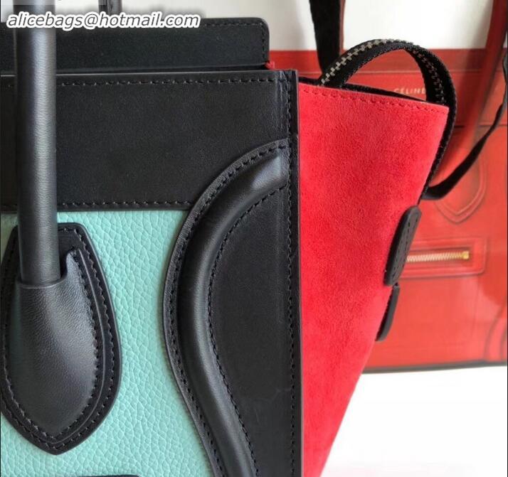 Reproduction Celine Micro Luggage Bag in Original Black/Drummed Light Green/Suede Red C090904