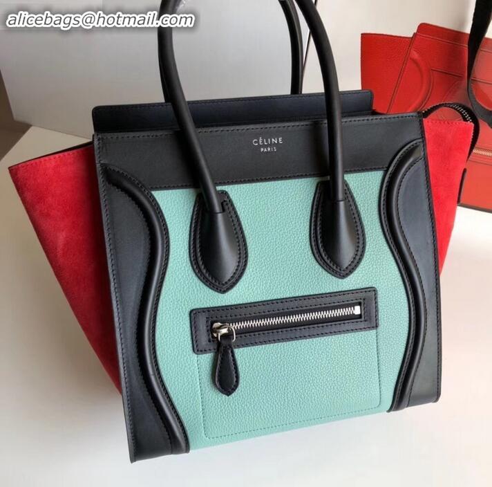 Reproduction Celine Micro Luggage Bag in Original Black/Drummed Light Green/Suede Red C090904