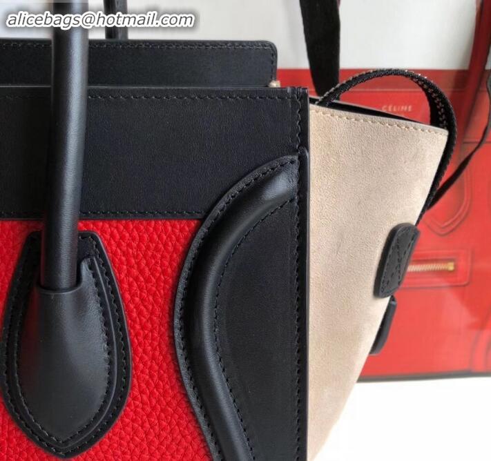 Sumptuous Celine Micro Luggage Bag in Original Black/Drummed Red/Suede Beige C090904