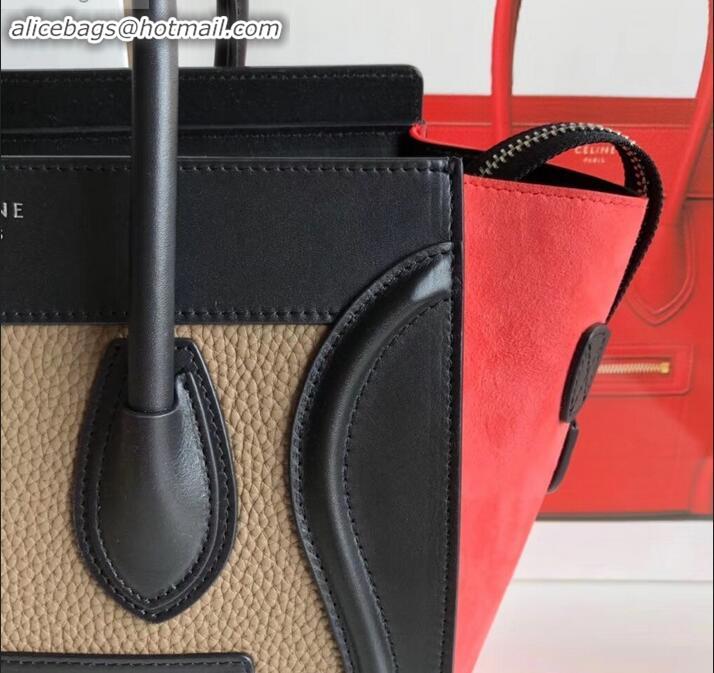 Hot Style Celine Micro Luggage Bag in Original Black/Drummed Beige/Suede Rouge Red C090904