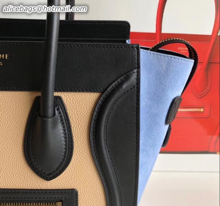 Sophisticated Celine Micro Luggage Bag in Original Black/Drummed Beige/Suede Sky Blue C090904