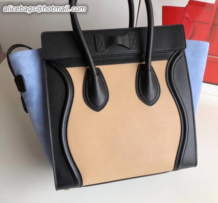 Sophisticated Celine Micro Luggage Bag in Original Black/Drummed Beige/Suede Sky Blue C090904