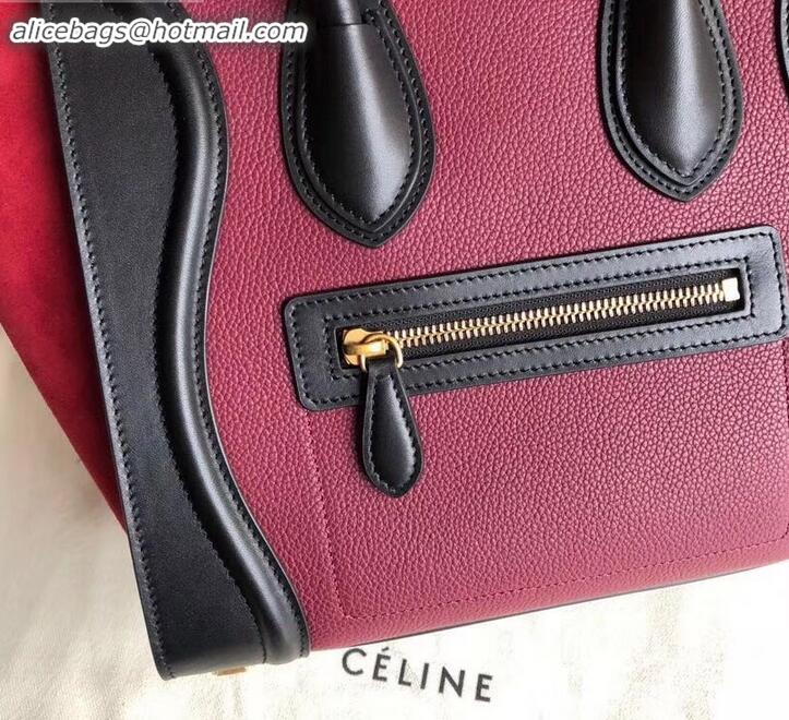 Pretty Style Celine Micro Luggage Bag in Original Black/Drummed Burgundy/Suede Red C090904