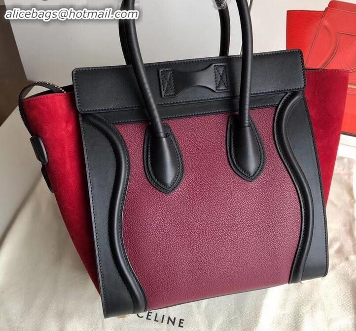 Pretty Style Celine Micro Luggage Bag in Original Black/Drummed Burgundy/Suede Red C090904