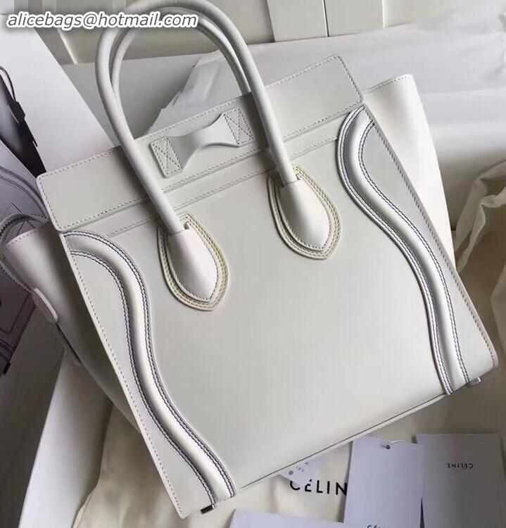 Luxury Celine Micro Luggage Bag in Original Smooth Calfskin White/Stitch C090904