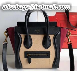 Stylish Celine Nano Luggage Bag in Original Black/Drummed Beige/Suede Dark Red with Removable Shoulder Strap C090906