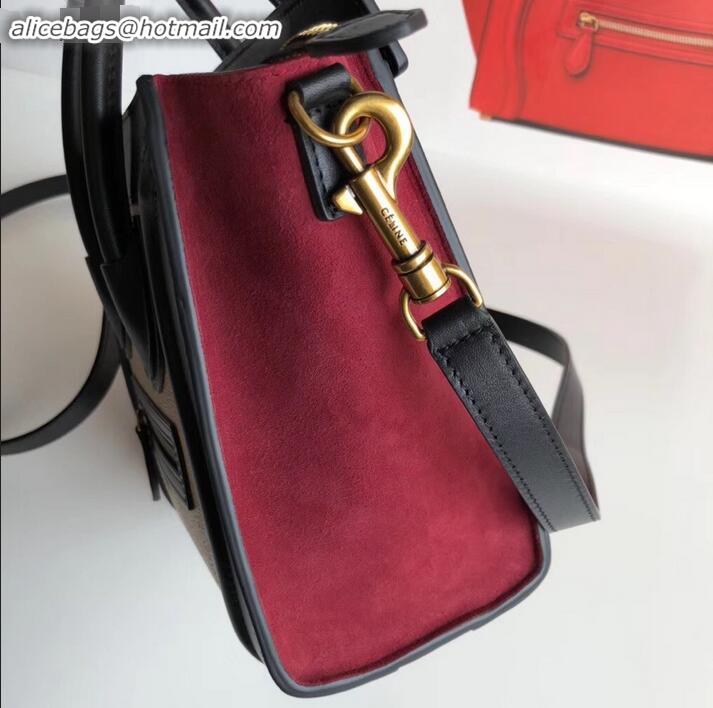 Stylish Celine Nano Luggage Bag in Original Black/Drummed Beige/Suede Dark Red with Removable Shoulder Strap C090906