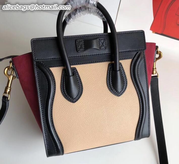 Stylish Celine Nano Luggage Bag in Original Black/Drummed Beige/Suede Dark Red with Removable Shoulder Strap C090906