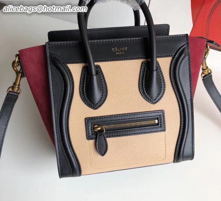 Stylish Celine Nano Luggage Bag in Original Black/Drummed Beige/Suede Dark Red with Removable Shoulder Strap C090906