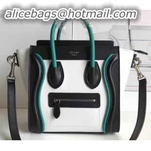 Duplicate Celine Nano Luggage Bag in Original Smooth Calfskin Black/White/Green with Removable Shoulder Strap C090906