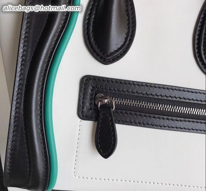 Duplicate Celine Nano Luggage Bag in Original Smooth Calfskin Black/White/Green with Removable Shoulder Strap C090906