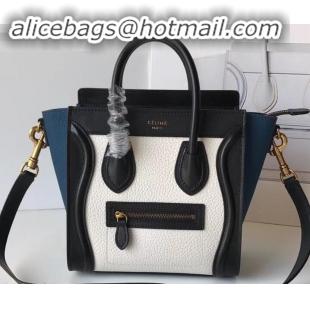 Unique Style Celine Nano Luggage Bag in Original Black/Drummed White/Crinkled Blue with Removable Shoulder Strap C090906