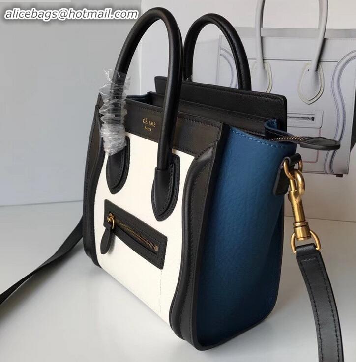 Unique Style Celine Nano Luggage Bag in Original Black/Drummed White/Crinkled Blue with Removable Shoulder Strap C090906