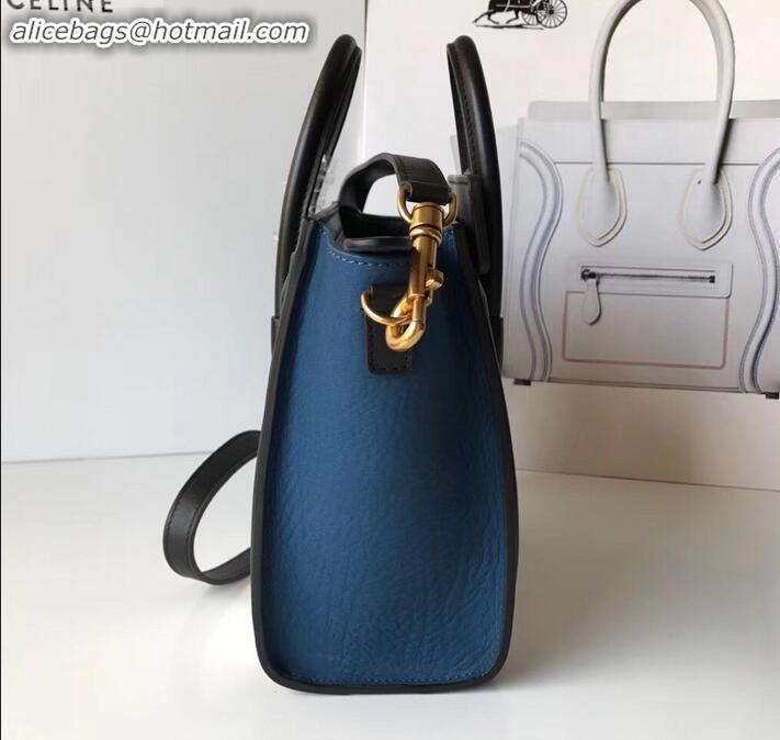 Unique Style Celine Nano Luggage Bag in Original Black/Drummed White/Crinkled Blue with Removable Shoulder Strap C090906