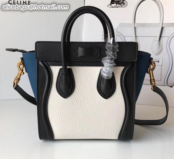 Unique Style Celine Nano Luggage Bag in Original Black/Drummed White/Crinkled Blue with Removable Shoulder Strap C090906