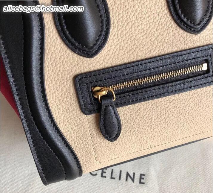 Discount Celine Nano Luggage Bag in Original Black/Drummed Beige/Suede Red with Removable Shoulder Strap C090906