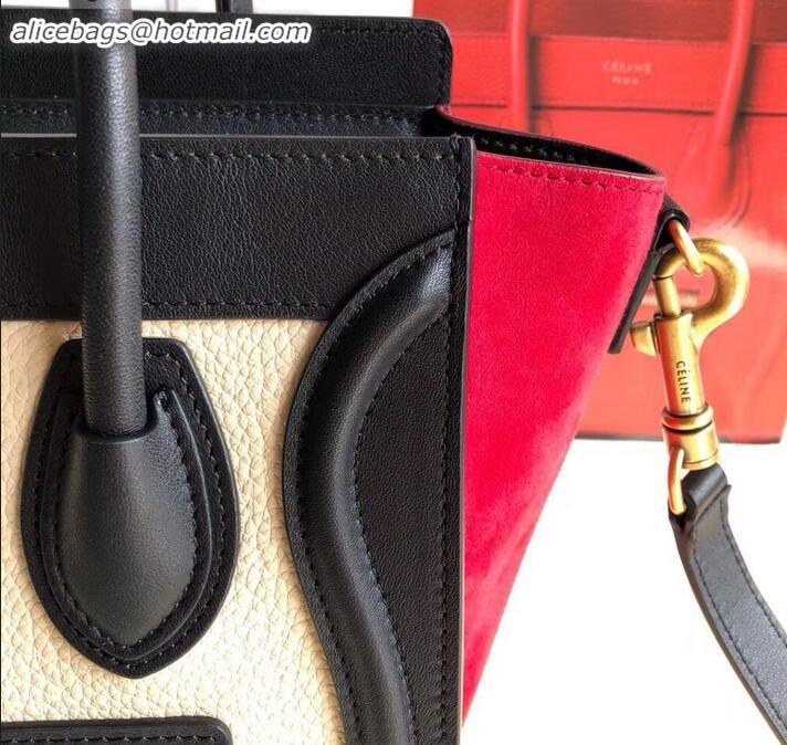 Discount Celine Nano Luggage Bag in Original Black/Drummed Beige/Suede Red with Removable Shoulder Strap C090906