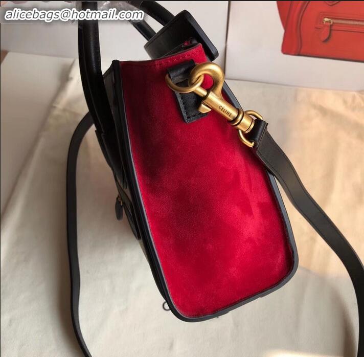 Discount Celine Nano Luggage Bag in Original Black/Drummed Beige/Suede Red with Removable Shoulder Strap C090906