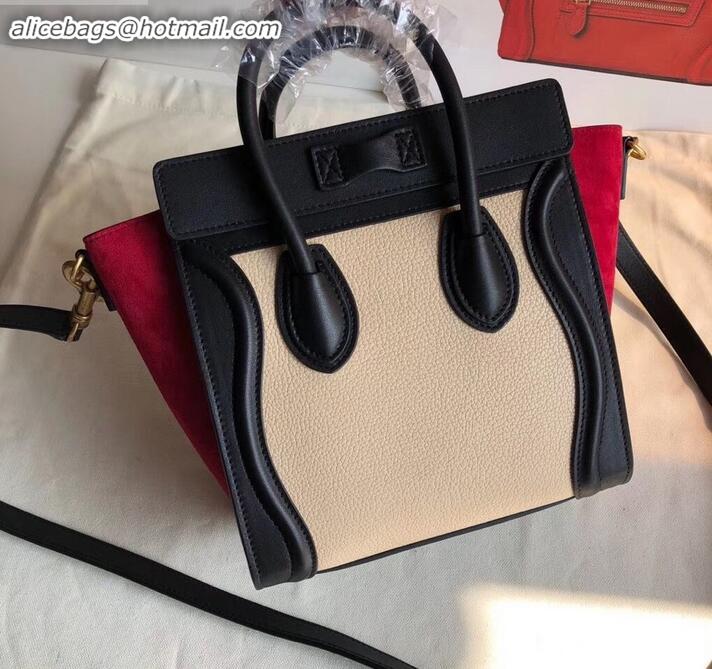 Discount Celine Nano Luggage Bag in Original Black/Drummed Beige/Suede Red with Removable Shoulder Strap C090906