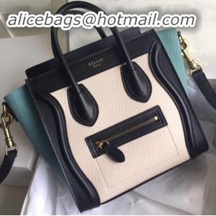 Good Quality Celine Nano Luggage Bag Black/Drummed White/Crinkled Light Green in Original with Removable Shoulder Strap 