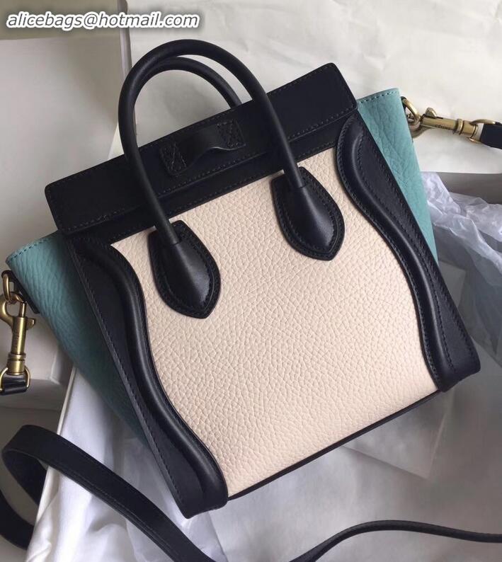 Good Quality Celine Nano Luggage Bag Black/Drummed White/Crinkled Light Green in Original with Removable Shoulder Strap 