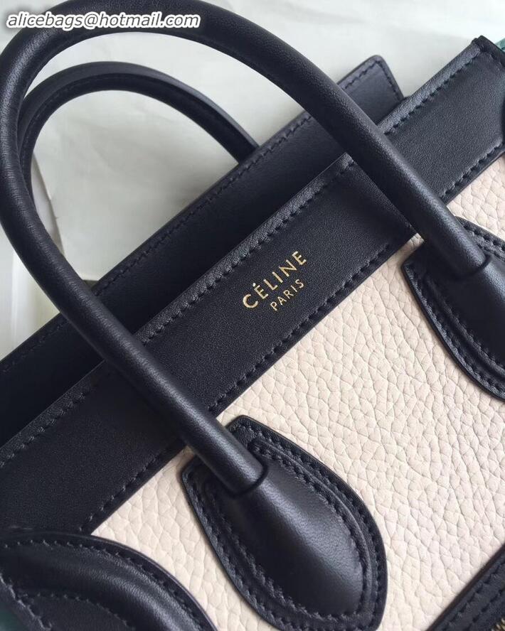 Good Quality Celine Nano Luggage Bag Black/Drummed White/Crinkled Light Green in Original with Removable Shoulder Strap 