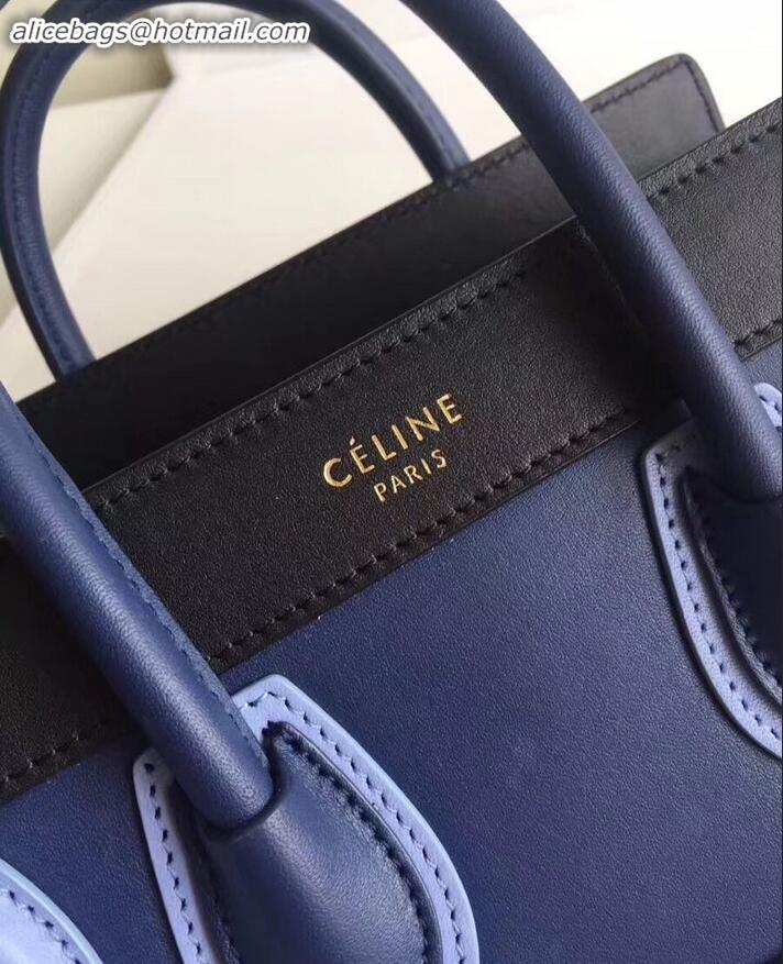 Classic Hot Celine Nano Luggage Bag in Original Smooth Calfskin Black/Navy Blue/Sky Blue with Removable Shoulder Strap C