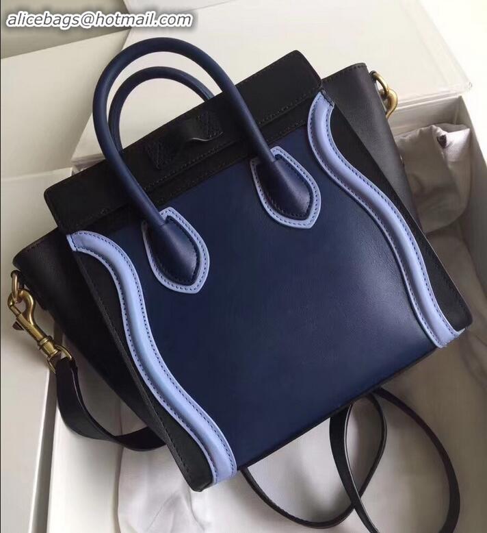 Classic Hot Celine Nano Luggage Bag in Original Smooth Calfskin Black/Navy Blue/Sky Blue with Removable Shoulder Strap C