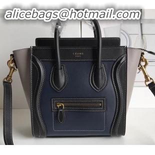 Low Cost Celine Nano Luggage Bag in Original Smooth Calfskin Black/Navy Blue/Pale Gray with Removable Shoulder Strap C09