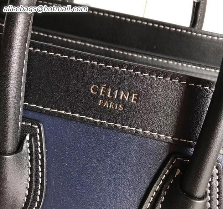 Low Cost Celine Nano Luggage Bag in Original Smooth Calfskin Black/Navy Blue/Pale Gray with Removable Shoulder Strap C09