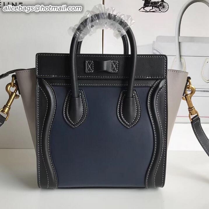 Low Cost Celine Nano Luggage Bag in Original Smooth Calfskin Black/Navy Blue/Pale Gray with Removable Shoulder Strap C09