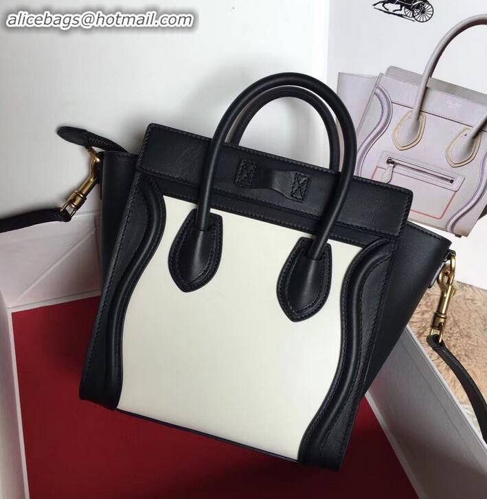 Crafted Celine Nano Luggage Bag in Original Smooth Calfskin Black/White with Removable Shoulder Strap C090906