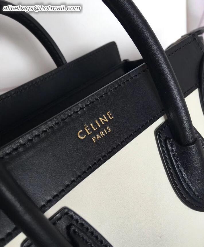 Crafted Celine Nano Luggage Bag in Original Smooth Calfskin Black/White with Removable Shoulder Strap C090906