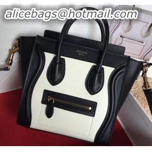 Crafted Celine Nano Luggage Bag in Original Smooth Calfskin Black/White with Removable Shoulder Strap C090906