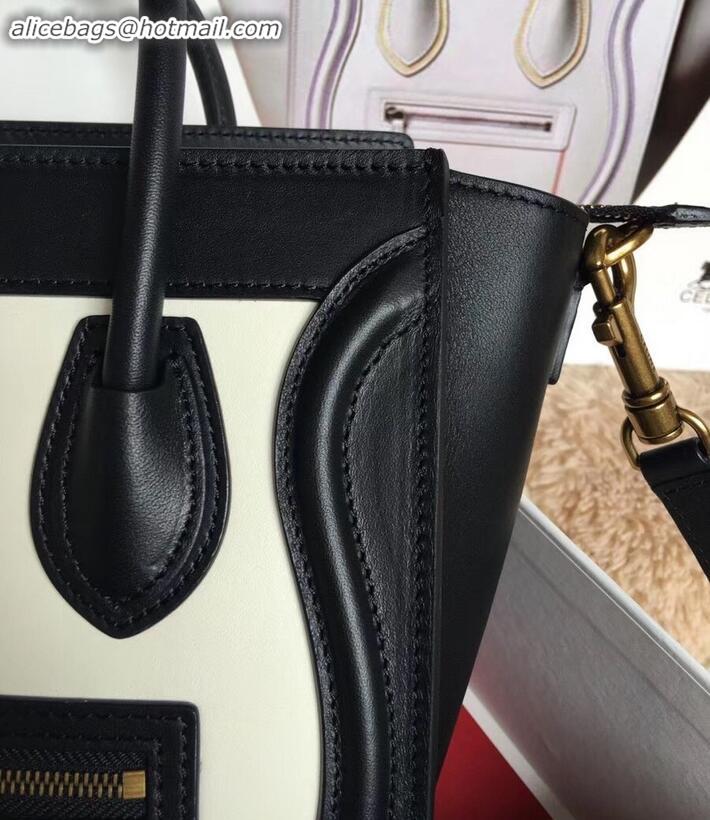 Crafted Celine Nano Luggage Bag in Original Smooth Calfskin Black/White with Removable Shoulder Strap C090906