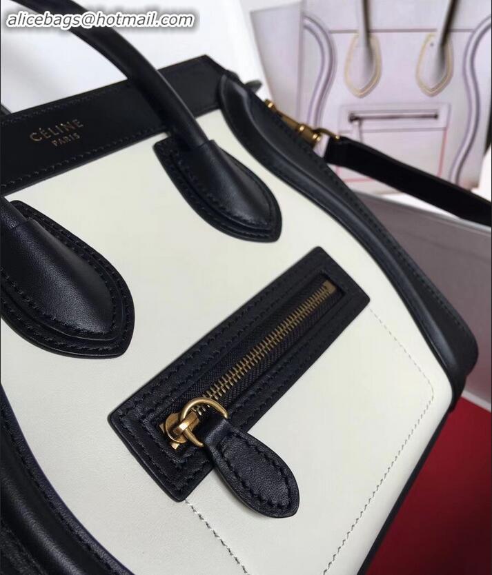 Crafted Celine Nano Luggage Bag in Original Smooth Calfskin Black/White with Removable Shoulder Strap C090906